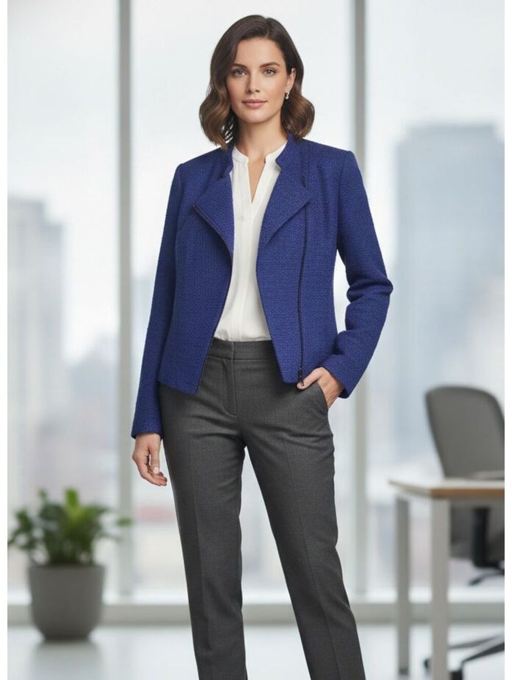 JACOB Women's Blue Textured Tweed Moto Jacket Asymmetrical Zip Size TP/XS